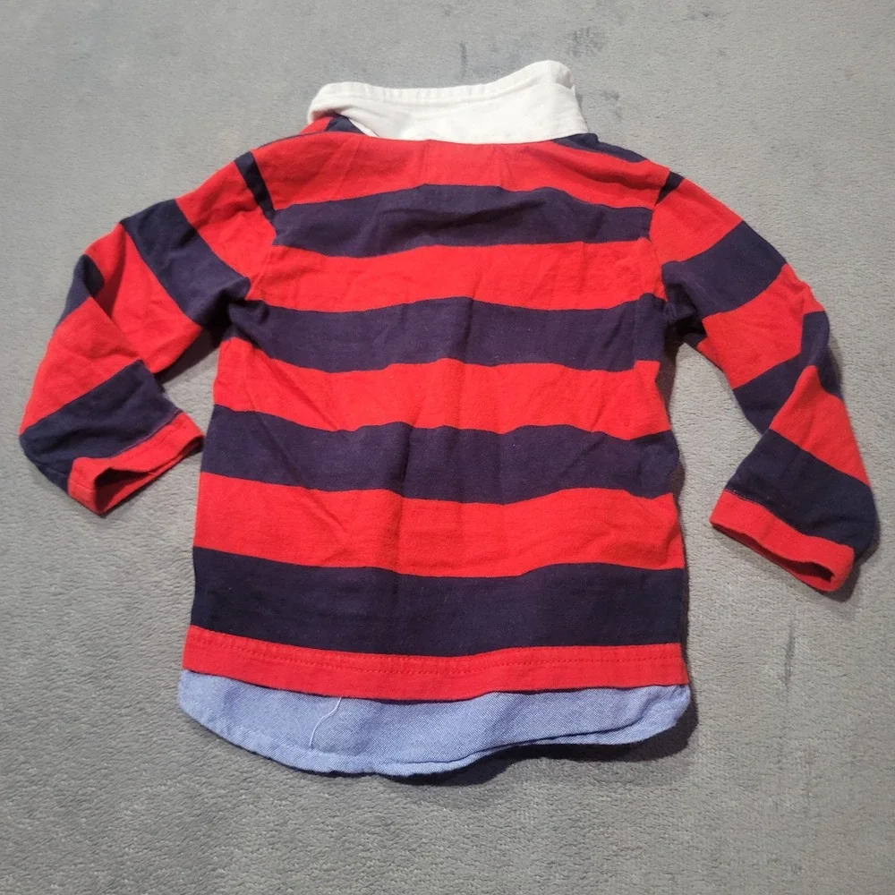The Children's Place Rugby Polo Boys 12-18M Red Navy Striped Long Sleeve Preppy